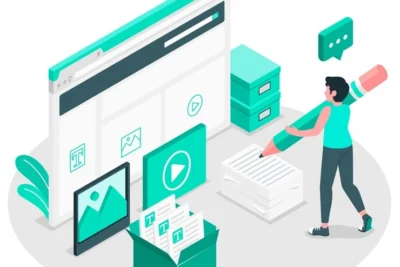 Ilustração sobre otimização de conteúdo mostrando uma pessoa trabalhando com textos, imagens e vídeos em um ambiente digital organizado.