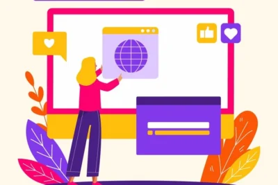 Ilustração sobre otimização de taxonomia, mostrando uma mulher interagindo com uma tela de computador e ícones de redes sociais. A imagem destaca elementos de design moderno que representam a organização de informações na web.