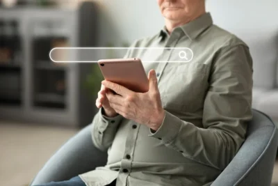 Imagem de um homem mais velho usando tablet em uma cadeira, com uma barra de busca visível, sugerindo uso do Google Search Console