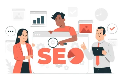 Ilustração sobre SEO On-Page com profissionais mostrando gráficos e elementos visuais relacionados à otimização de sites.