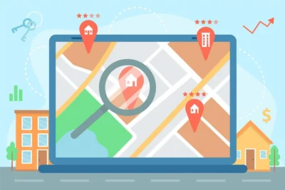 Passo a Passo para Cadastrar Sua Empresa no Google Meu Negócio, ilustrado com um mapa digital contendo marcadores de empresas.