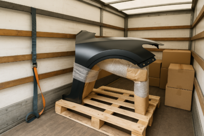 Paralama preto protegido com plástico-bolha e cinta de segurança, apoiado sobre pallet em caminhão de transporte, ilustrando logística cuidadosa da lataria automotiva.