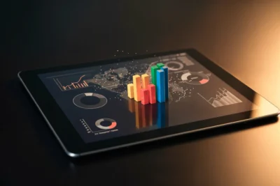 Gráficos de investimento publicitário em 2025 exibidos em tablet, evidenciando crescimento e tendências do mercado de publicidade digital.