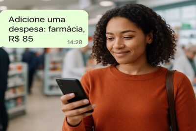 Pessoa registrando uma compra de R$ 85 em uma farmácia usando o celular, com prateleiras ao fundo