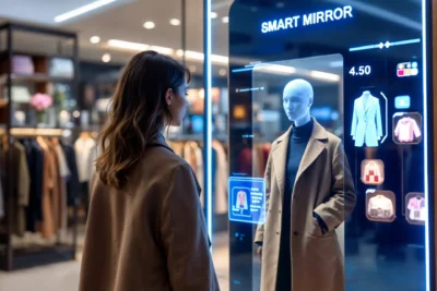 Mulher interagindo com espelho inteligente no shopping, tecnologia de smart mirror para experimentar roupas virtualmente, destaque para inovação na moda.