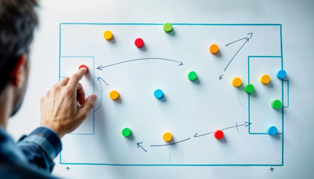 Imagem de um campo de futebol com várias bolinhas coloridas representando diferentes pontos na jornada do cliente, destacando a identificação de pontos de fricção e a otimização do mapeamento.