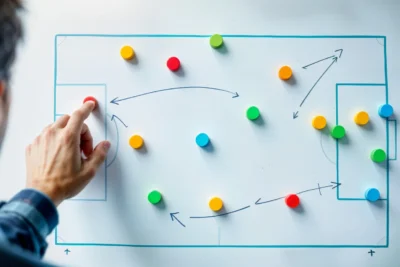 Imagem de um campo de futebol com várias bolinhas coloridas representando diferentes pontos na jornada do cliente, destacando a identificação de pontos de fricção e a otimização do mapeamento.